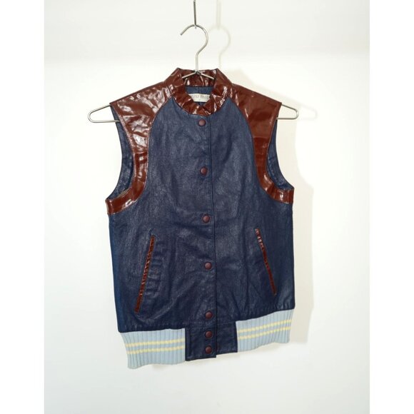 Miu Miu Leather & Mesh Fabric Snap Button Vest Navy Blue/Brown 38 Men's - Picture 1 of 5